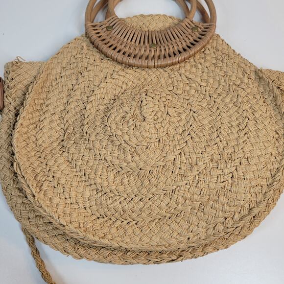 VINTAGE Woven Wooden Cinch Bag Brown Circle Handmade Rattan Summer‎ Beach Bag - Picture 2 of 14